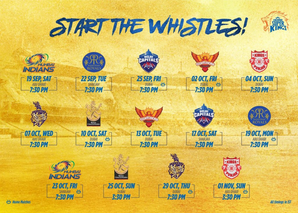 Chennai Super Kings Schedule Images for IPL 2020 UAE